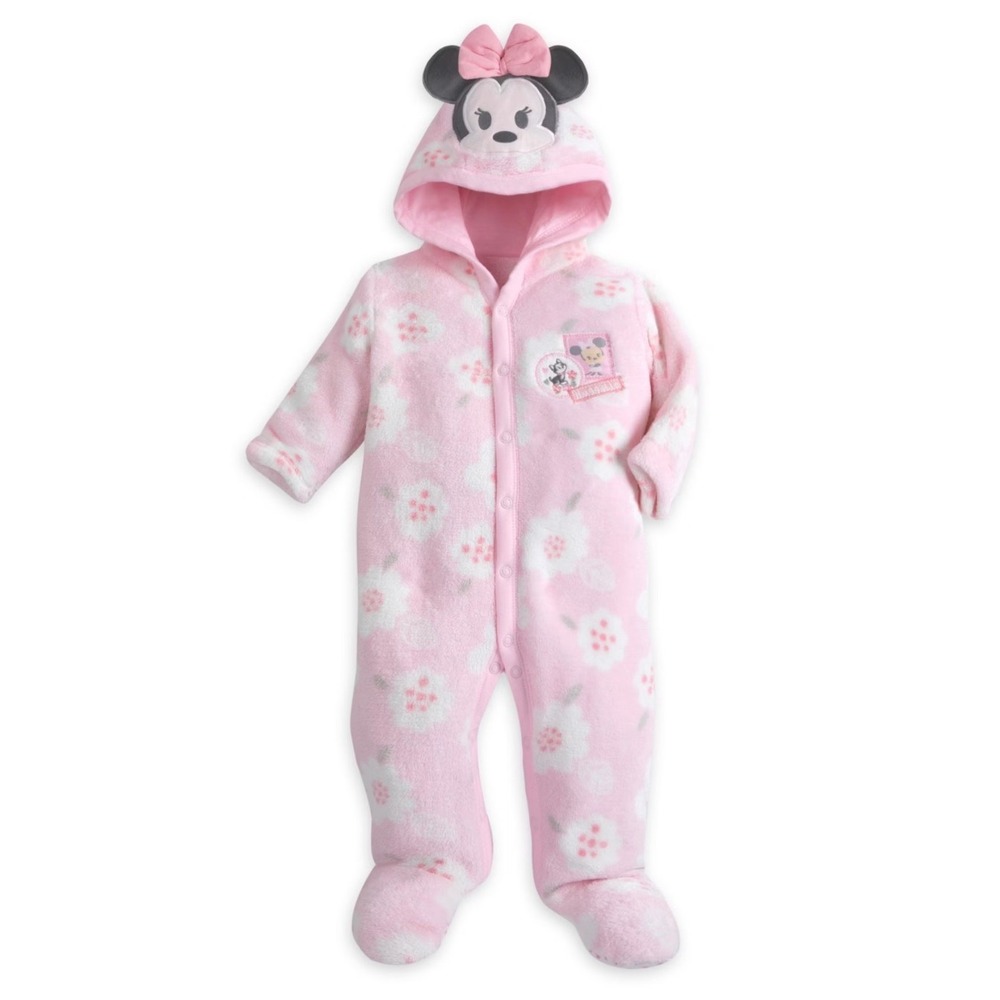 NEW Disney Store Baby Girls 9-12M Fleece Hooded Romper Minnie Mouse Pink Cozy